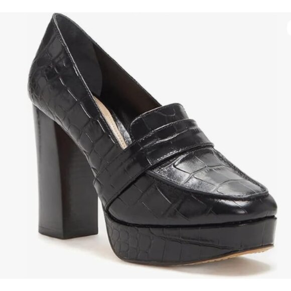 FOWT Black Chunky Heel Loafer Square Toe High Heel Slip-on Crocodile-Text Pumps - Picture 1 of 8